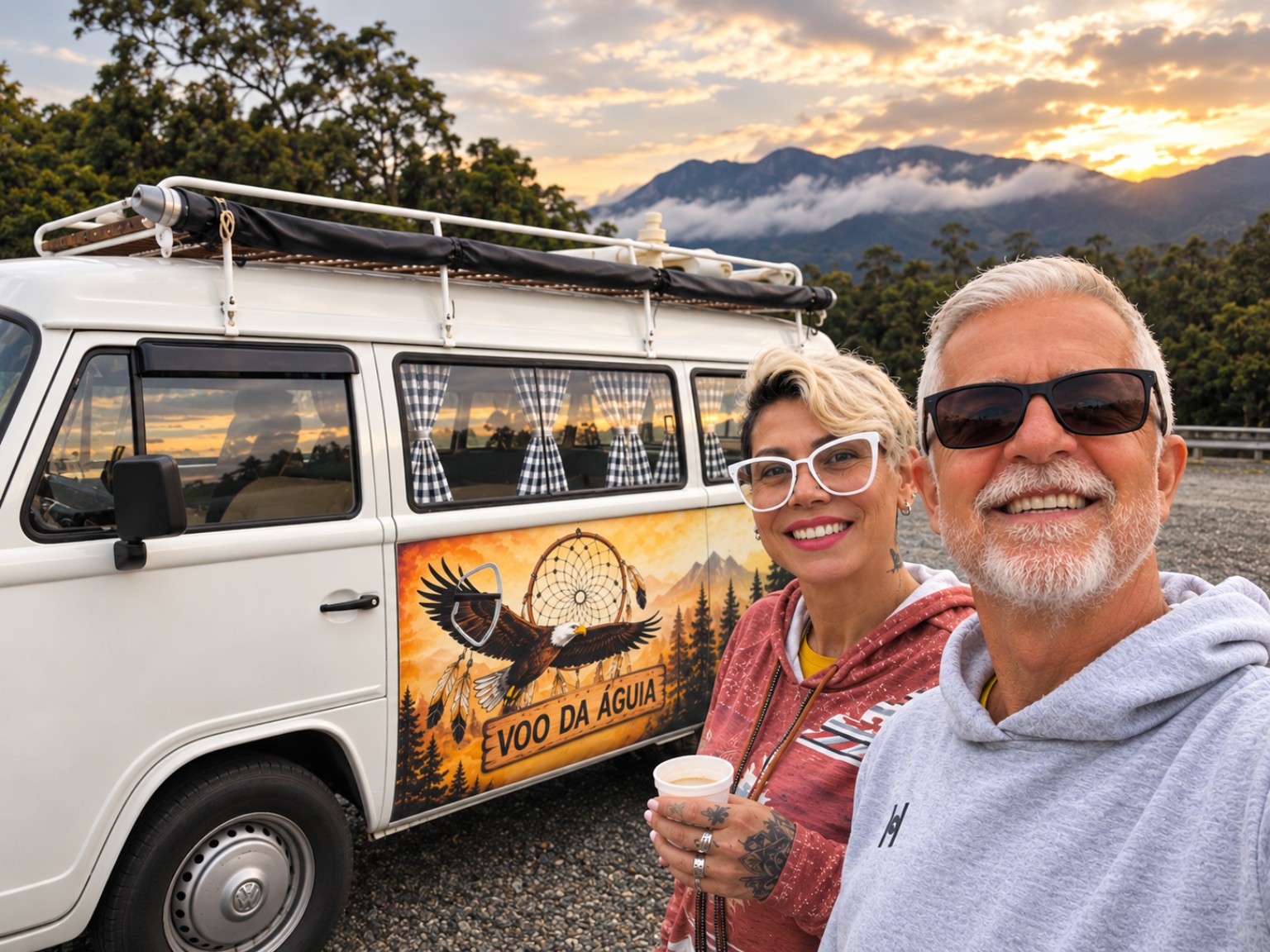 Ivana e Rogério junto da Kombinha Voo da Águia, em uma paisagem de montanhas ao pôr do sol