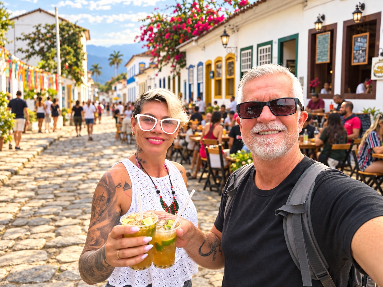 Ivana e Rogério sorrindo durante uma viagem por uma cidade histórica